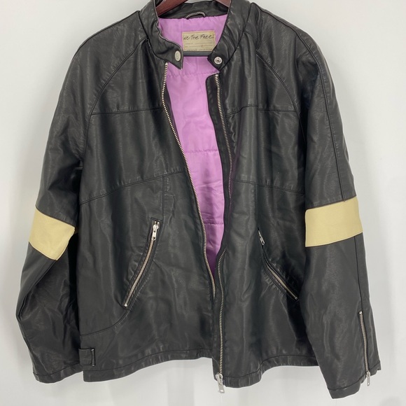 Free People Ryder Black Moto Jacket with Cream Stripe SZ L NEW - Picture 6 of 14